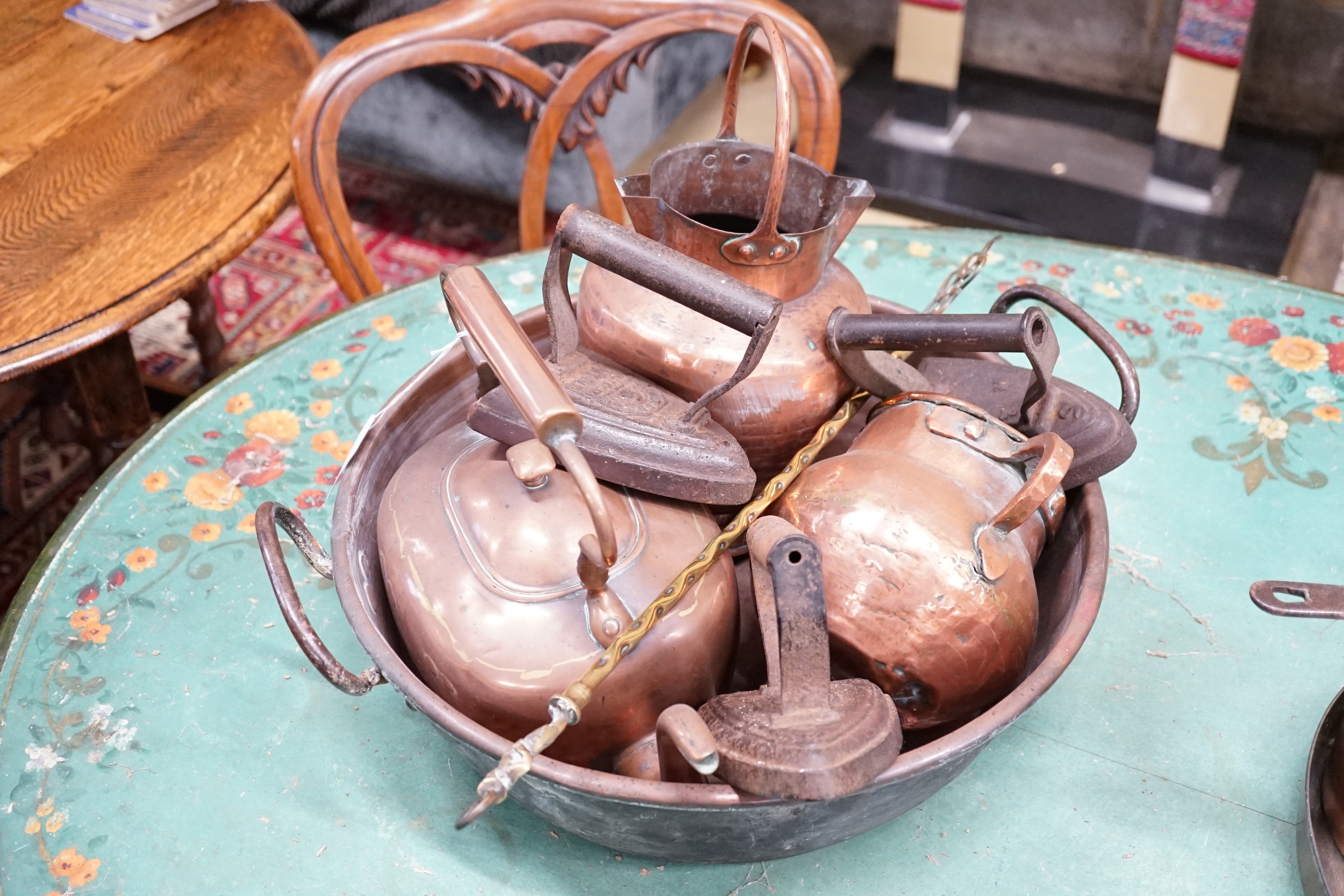 A group of assorted metal ware including a copper kettle